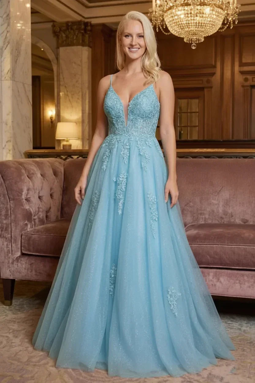 Glitter Tulle Spaghetti Strap Lace Applique Corset Prom Dress | Sevoba