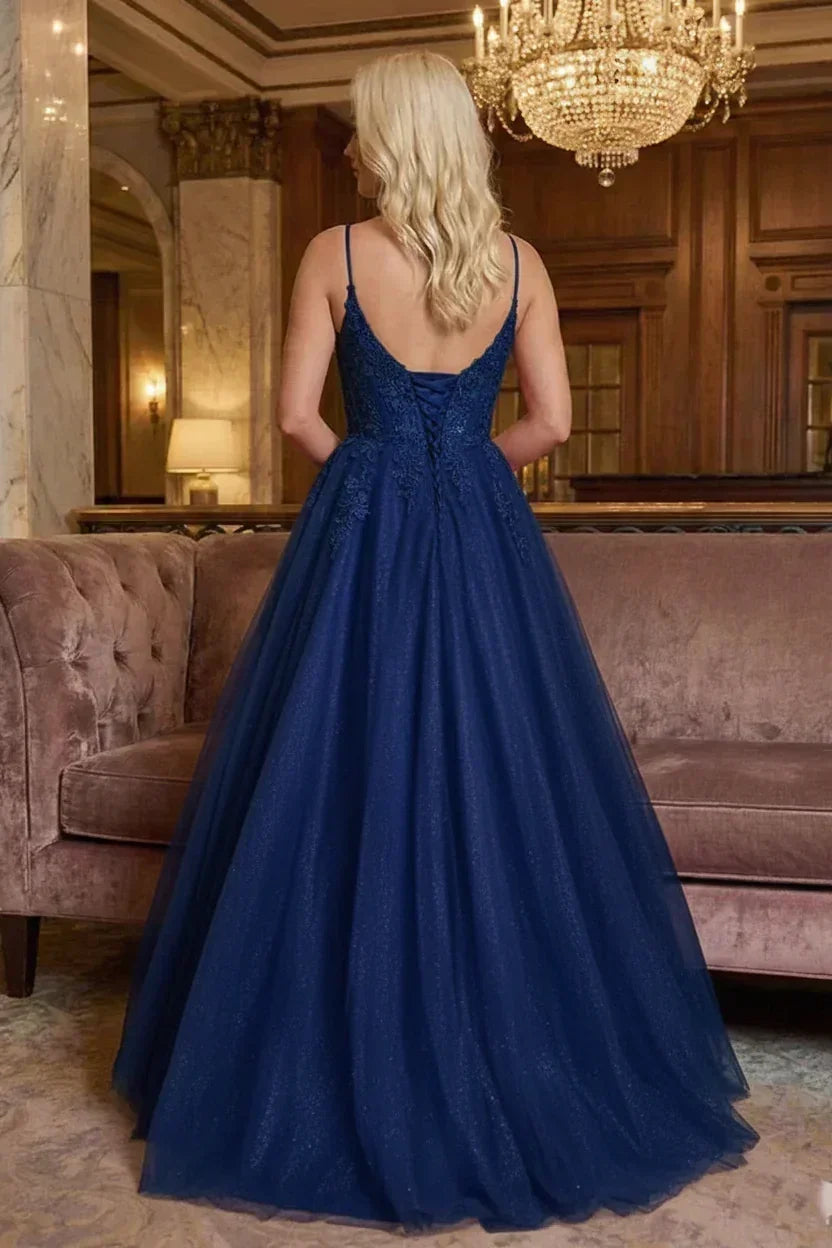 Glitter Tulle Spaghetti Strap Lace Applique Corset Prom Dress | Sevoba