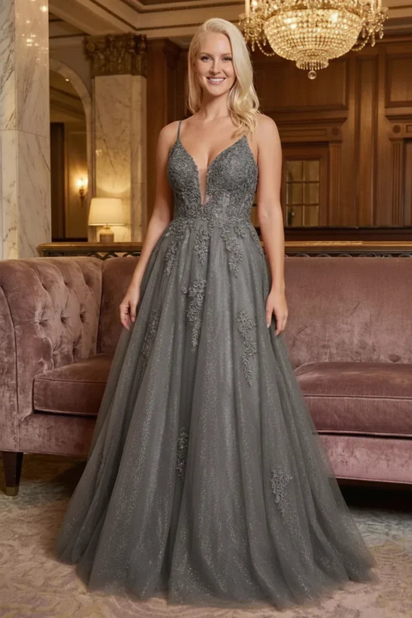 Glitter Tulle Spaghetti Strap Lace Applique Corset Prom Dress | Sevoba