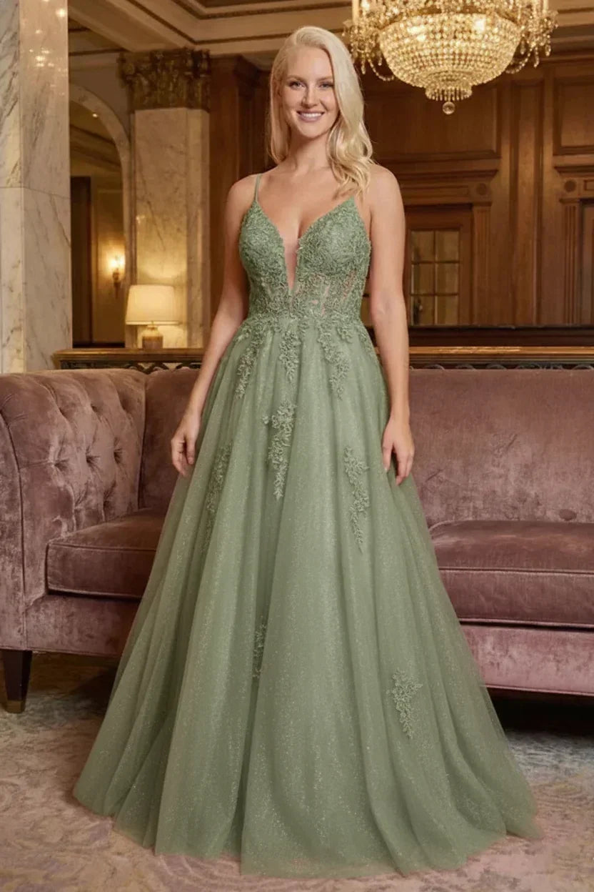 Glitter Tulle Spaghetti Strap Lace Applique Corset Prom Dress | Sevoba