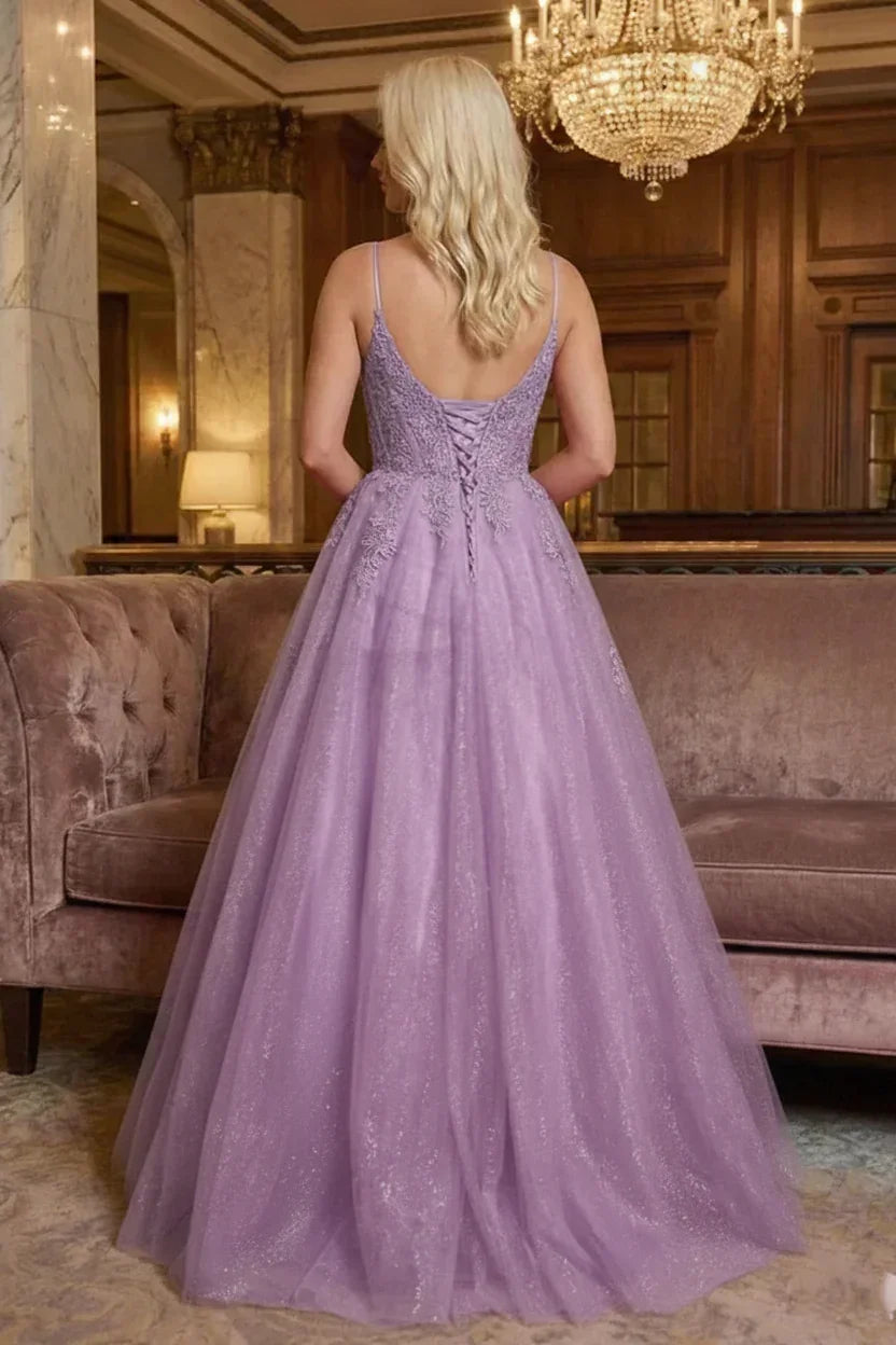 Glitter Tulle Spaghetti Strap Lace Applique Corset Prom Dress | Sevoba