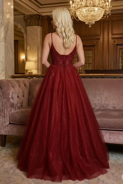 Glitter Tulle Spaghetti Strap Lace Applique Corset Prom Dress | Sevoba