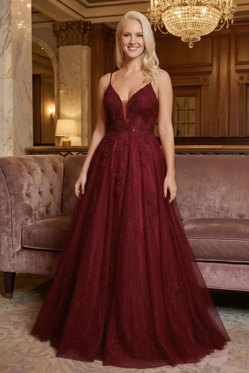 Glitter Tulle Spaghetti Strap Lace Applique Corset Prom Dress | Sevoba
