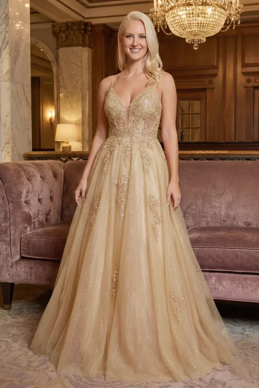 Glitter Tulle Spaghetti Strap Lace Applique Corset Prom Dress | Sevoba
