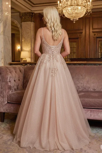 Glitter Tulle Spaghetti Strap Lace Applique Corset Prom Dress | Sevoba