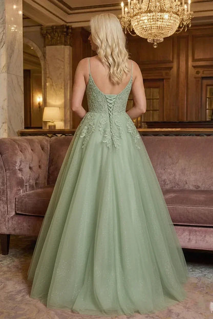 Glitter Tulle Spaghetti Strap Lace Applique Corset Prom Dress | Sevoba