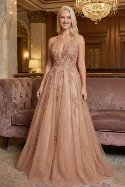 Glitter Tulle Spaghetti Strap Lace Applique Corset Prom Dress | Sevoba