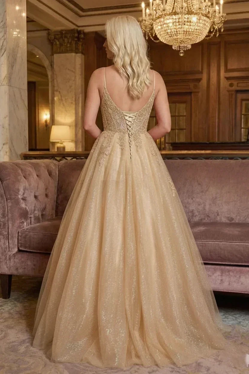 Glitter Tulle Spaghetti Strap Lace Applique Corset Prom Dress | Sevoba