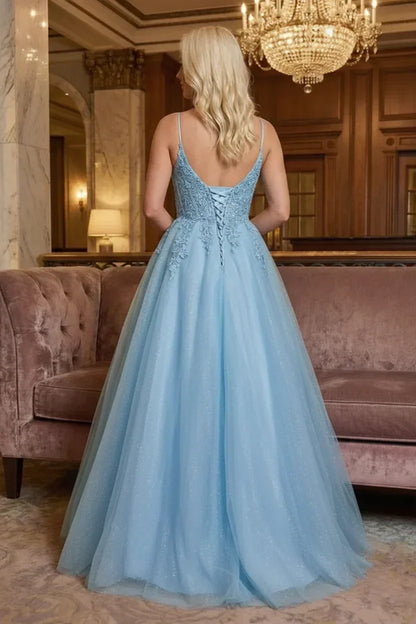 Glitter Tulle Spaghetti Strap Lace Applique Corset Prom Dress | Sevoba
