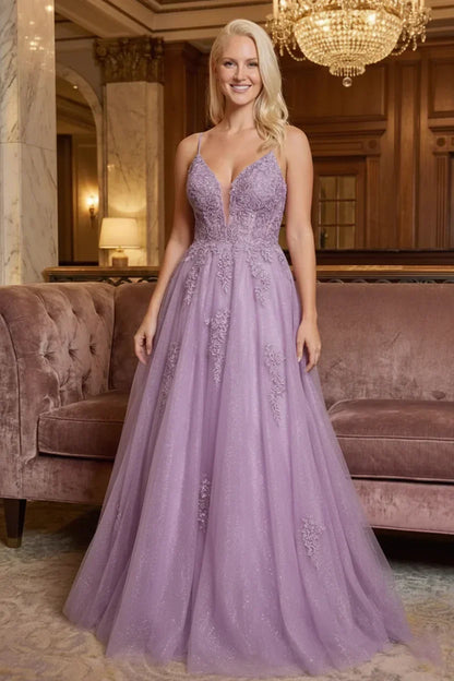 Glitter Tulle Spaghetti Strap Lace Applique Corset Prom Dress | Sevoba