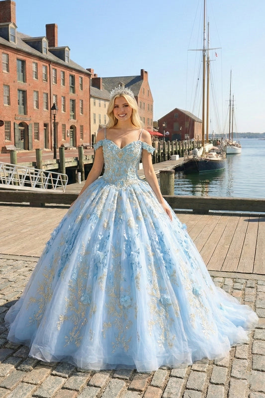 Glittery Ball Gown Cold Shoulder Quinceañera Dress With 3D Floral and Embroidery | Sevoba