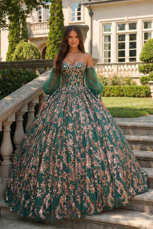 Glittery Ball Gown Cold Shoulder Quinceañera Dress With Sheer Sleeves | Sevoba