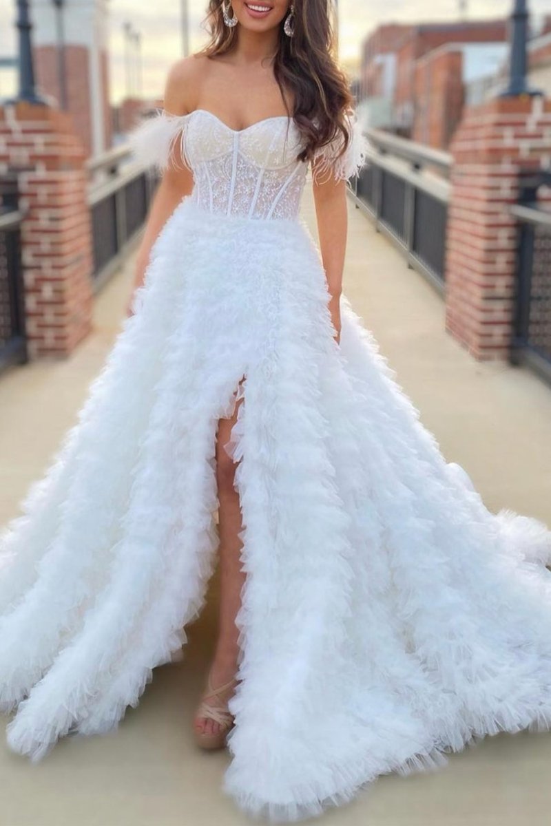 Sevoba|A Line Sweetheart Tiered Tulle Long Prom Dress With Slit