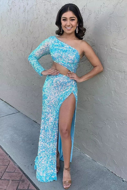 Sheath One Shoulder Red Sequins Long Prom Dress with Silt