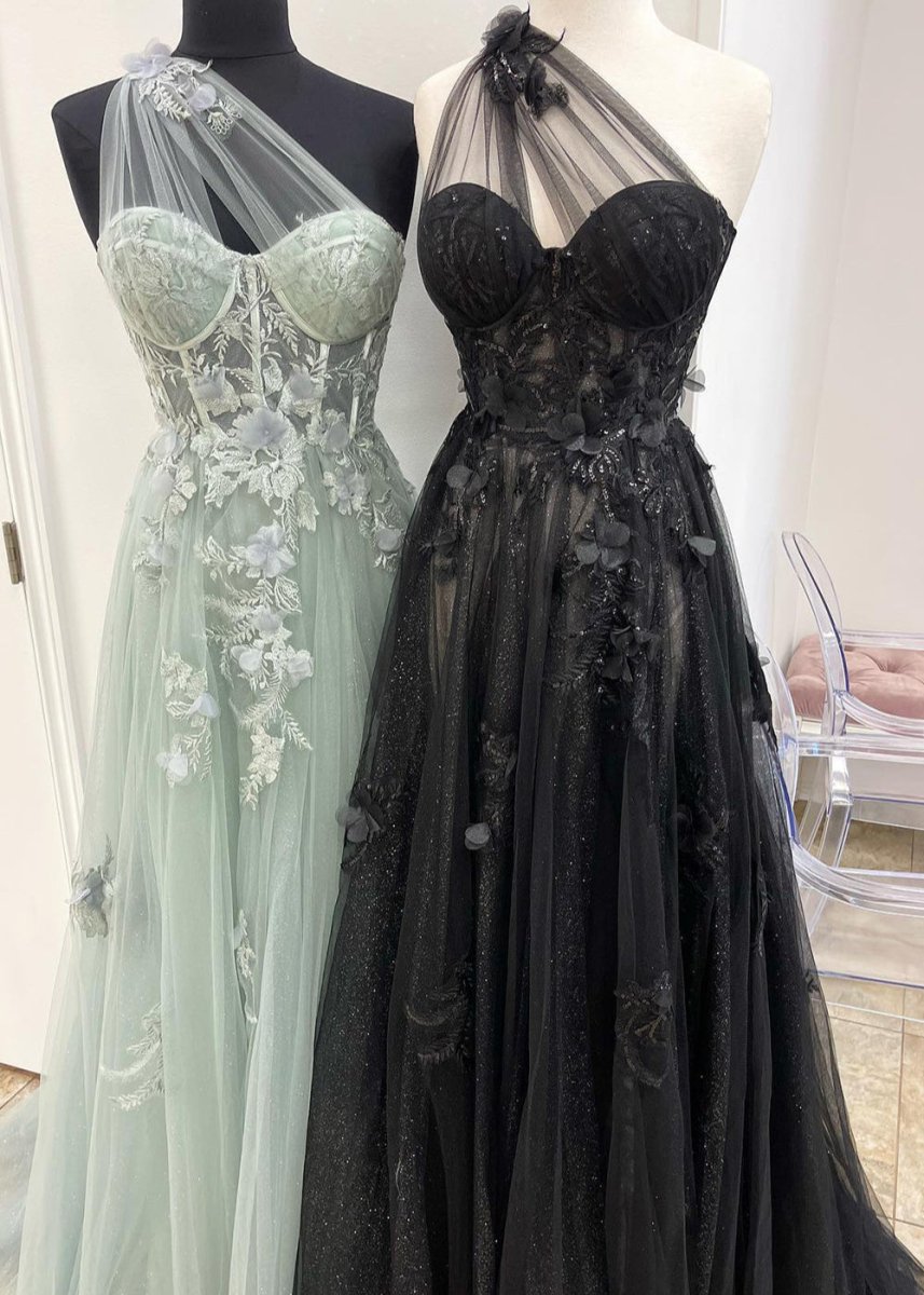 A Line One Shoulder Black Long Prom Dress with Appliques