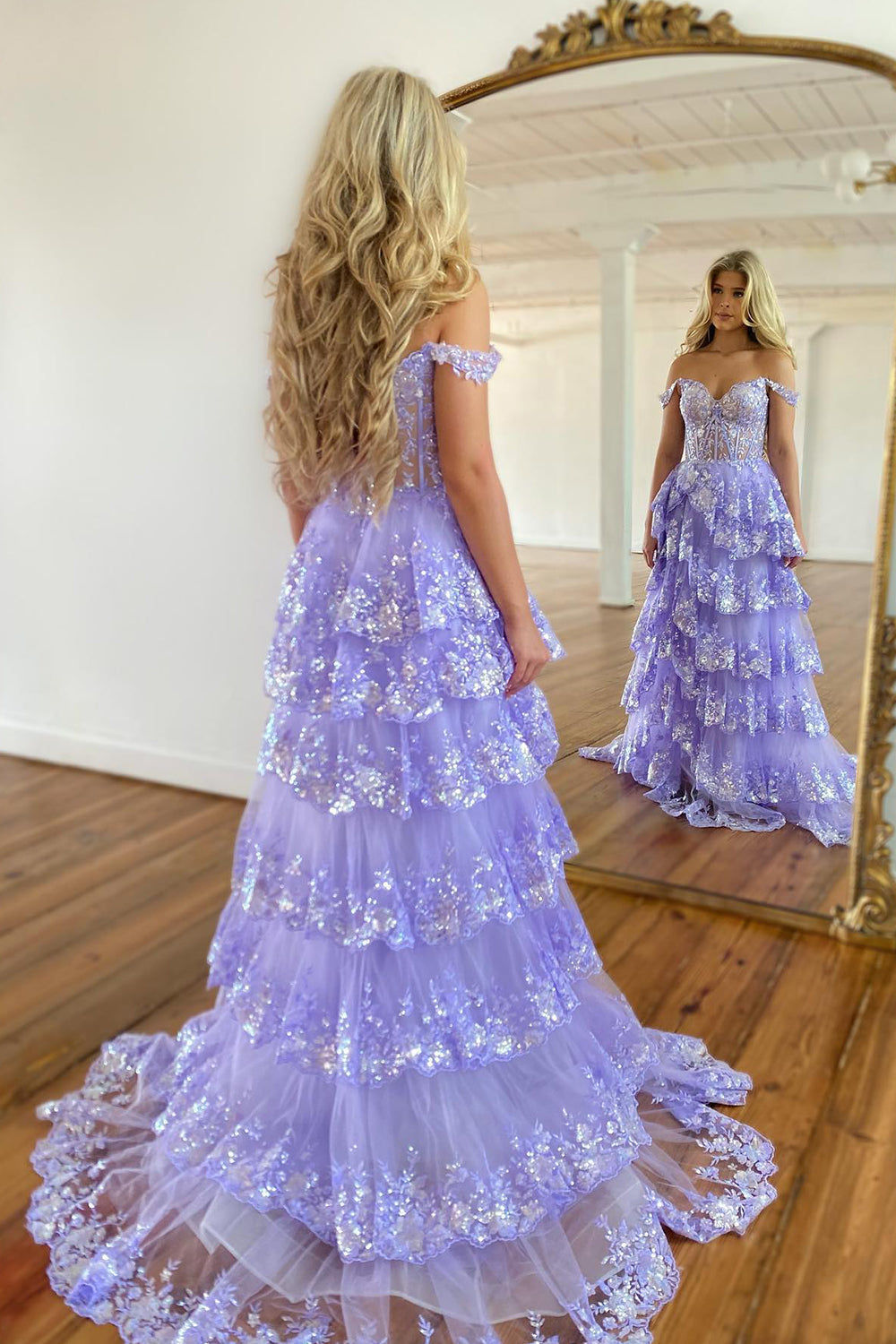 Sevoba|Princess A Line Off the Shoulder Corset Prom Dress with Lace Ruffles