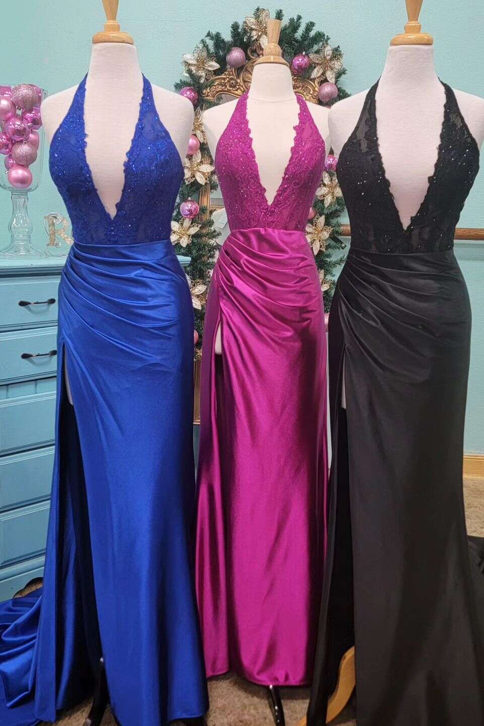 Fuchsia Lace Applique Satin High Slit Mermaid Prom Dress
