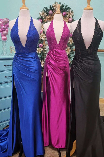 Fuchsia Lace Applique Satin High Slit Mermaid Prom Dress