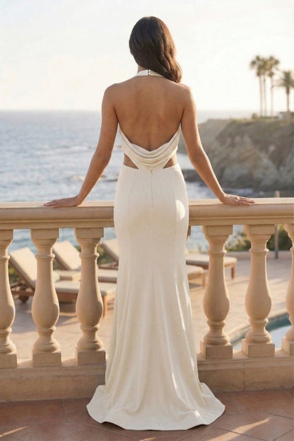 Halter Cowl Neck Metallic Mermaid Prom Dress with Side Cutouts | Sevoba