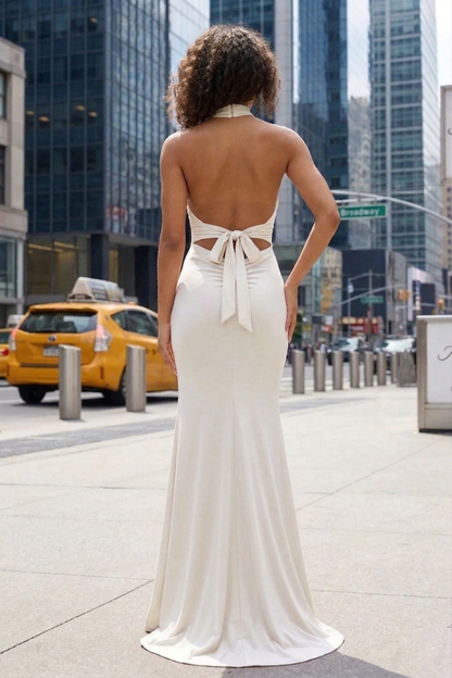 Halter Neck Open Back Mermaid Prom Dress with Bow Detail | Sevoba