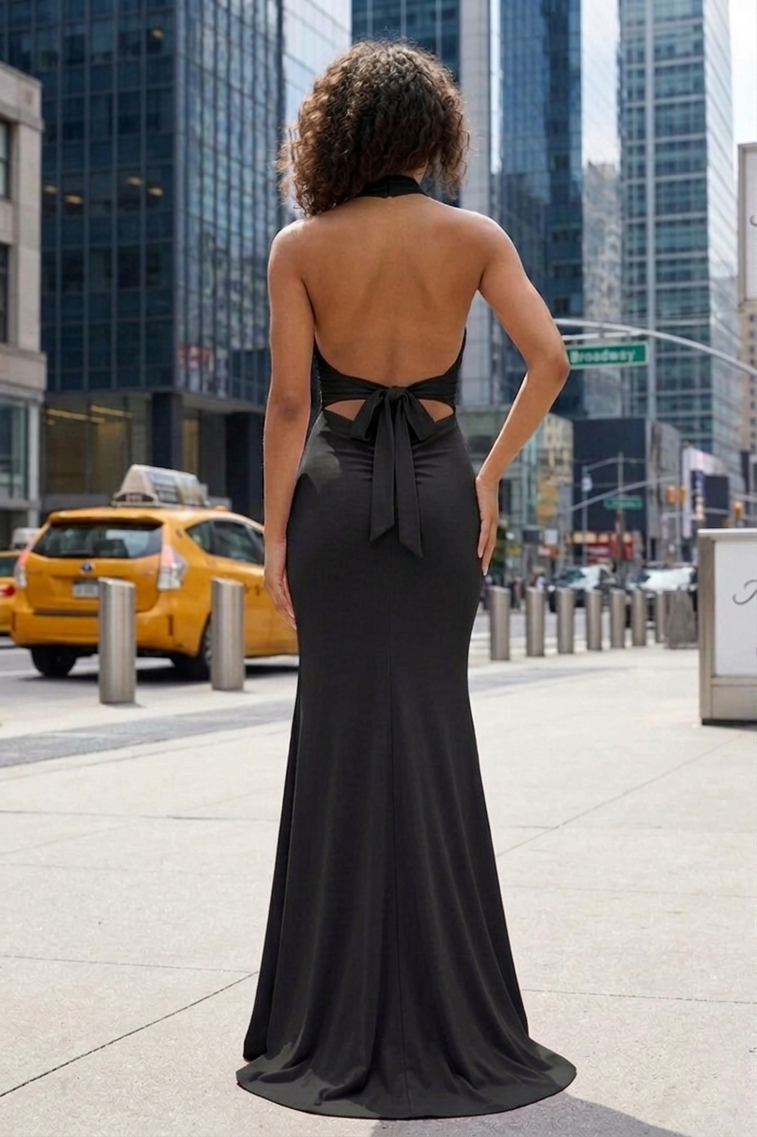 Halter Neck Open Back Mermaid Prom Dress with Bow Detail | Sevoba