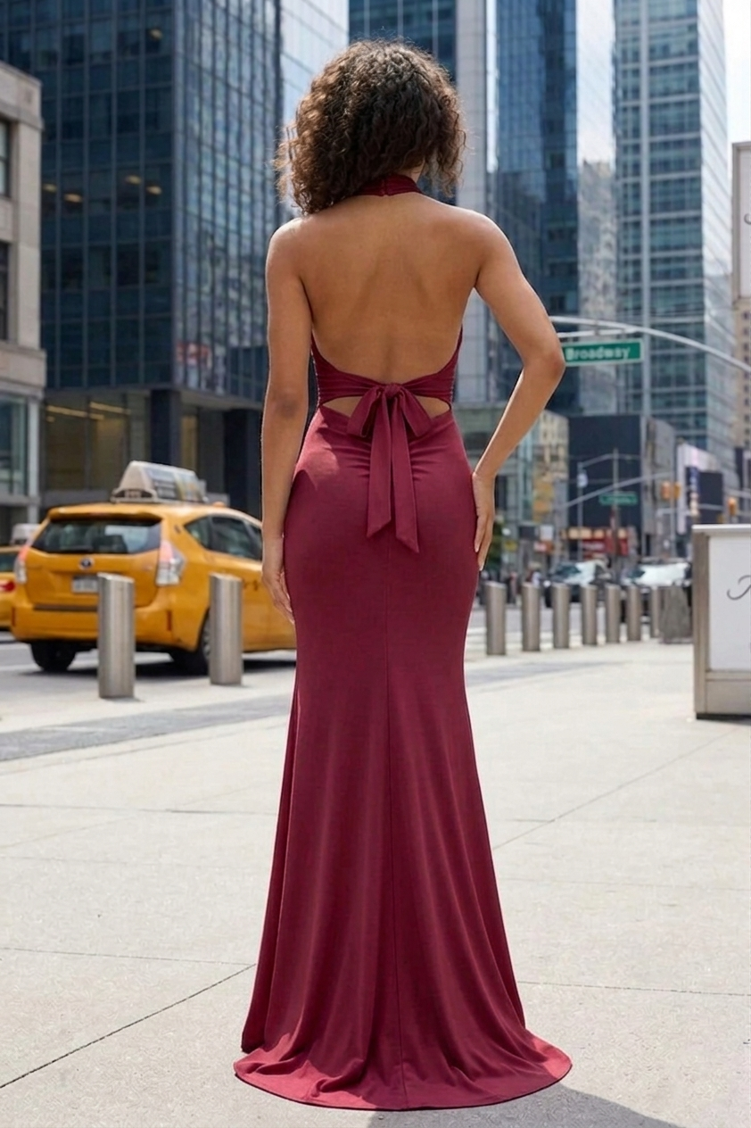 Halter Neck Open Back Mermaid Prom Dress with Bow Detail | Sevoba