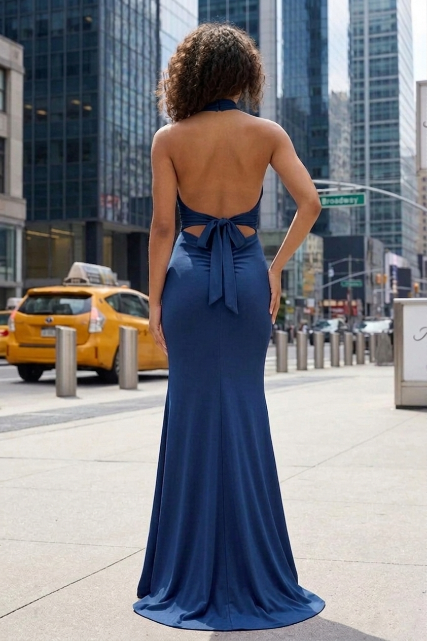 Halter Neck Open Back Mermaid Prom Dress with Bow Detail | Sevoba