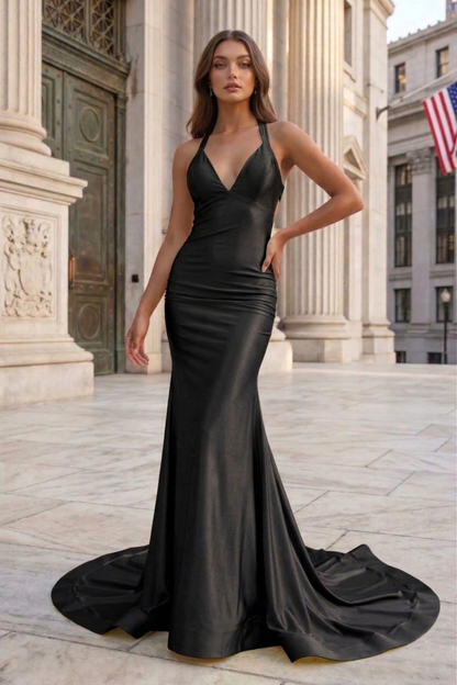Halter Neck Open Back Mermaid Prom Dress with Sweep Train | Sevoba