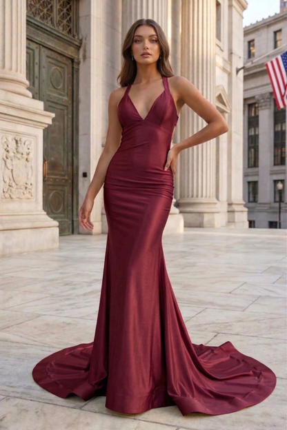 Halter Neck Open Back Mermaid Prom Dress with Sweep Train | Sevoba