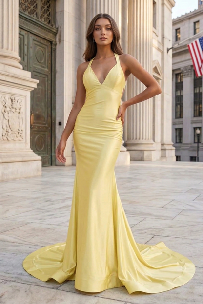 Halter Neck Open Back Mermaid Prom Dress with Sweep Train | Sevoba