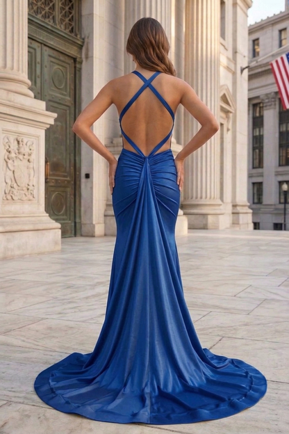 Halter Neck Open Back Mermaid Prom Dress with Sweep Train | Sevoba