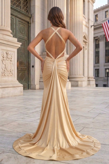 Halter Neck Open Back Mermaid Prom Dress with Sweep Train | Sevoba