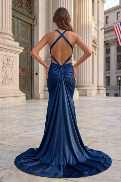 Halter Neck Open Back Mermaid Prom Dress with Sweep Train | Sevoba