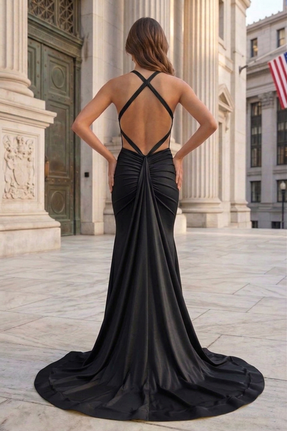 Halter Neck Open Back Mermaid Prom Dress with Sweep Train | Sevoba