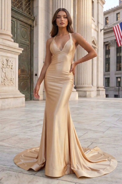 Halter Neck Open Back Mermaid Prom Dress with Sweep Train | Sevoba