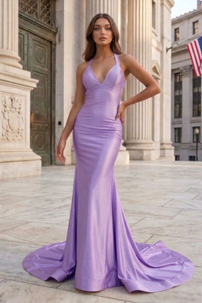 Halter Neck Open Back Mermaid Prom Dress with Sweep Train | Sevoba