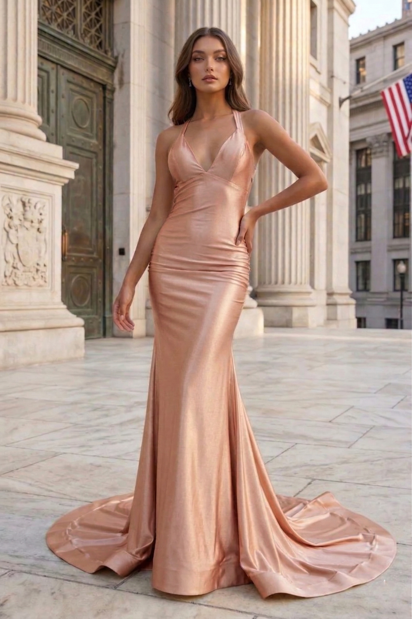 Halter Neck Open Back Mermaid Prom Dress with Sweep Train | Sevoba