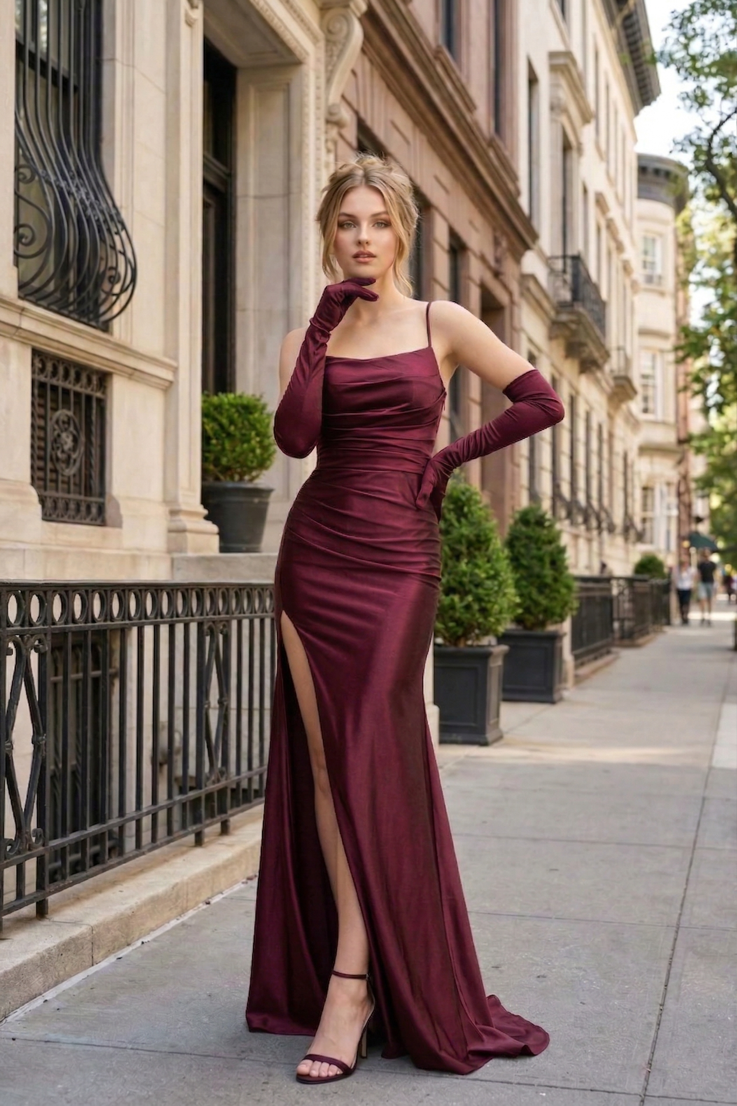 Holographic Spaghetti Strap Ruched Mermaid Prom Dress with Matching Gloves | Sevoba