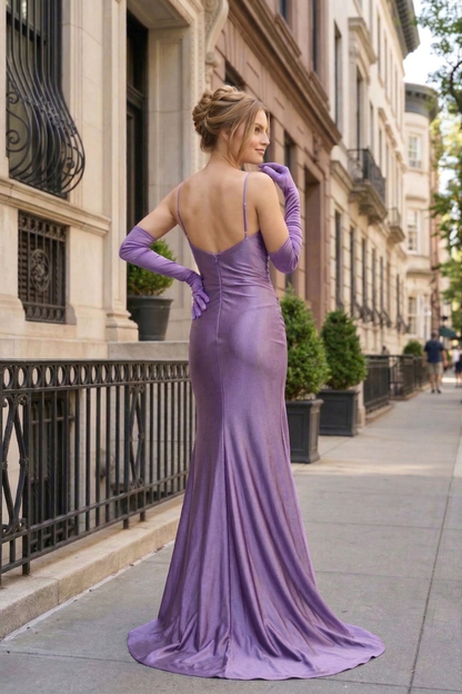 Holographic Spaghetti Strap Ruched Mermaid Prom Dress with Matching Gloves | Sevoba