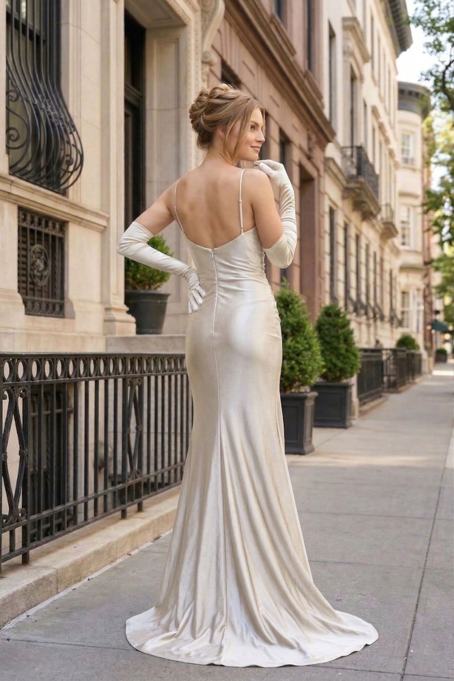 Holographic Spaghetti Strap Ruched Mermaid Prom Dress with Matching Gloves | Sevoba
