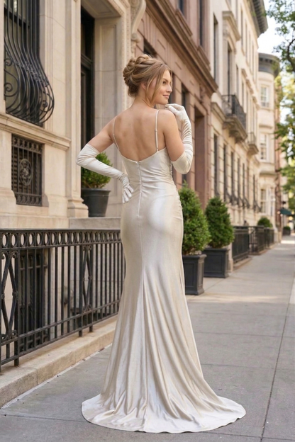 Holographic Spaghetti Strap Ruched Mermaid Prom Dress with Matching Gloves | Sevoba