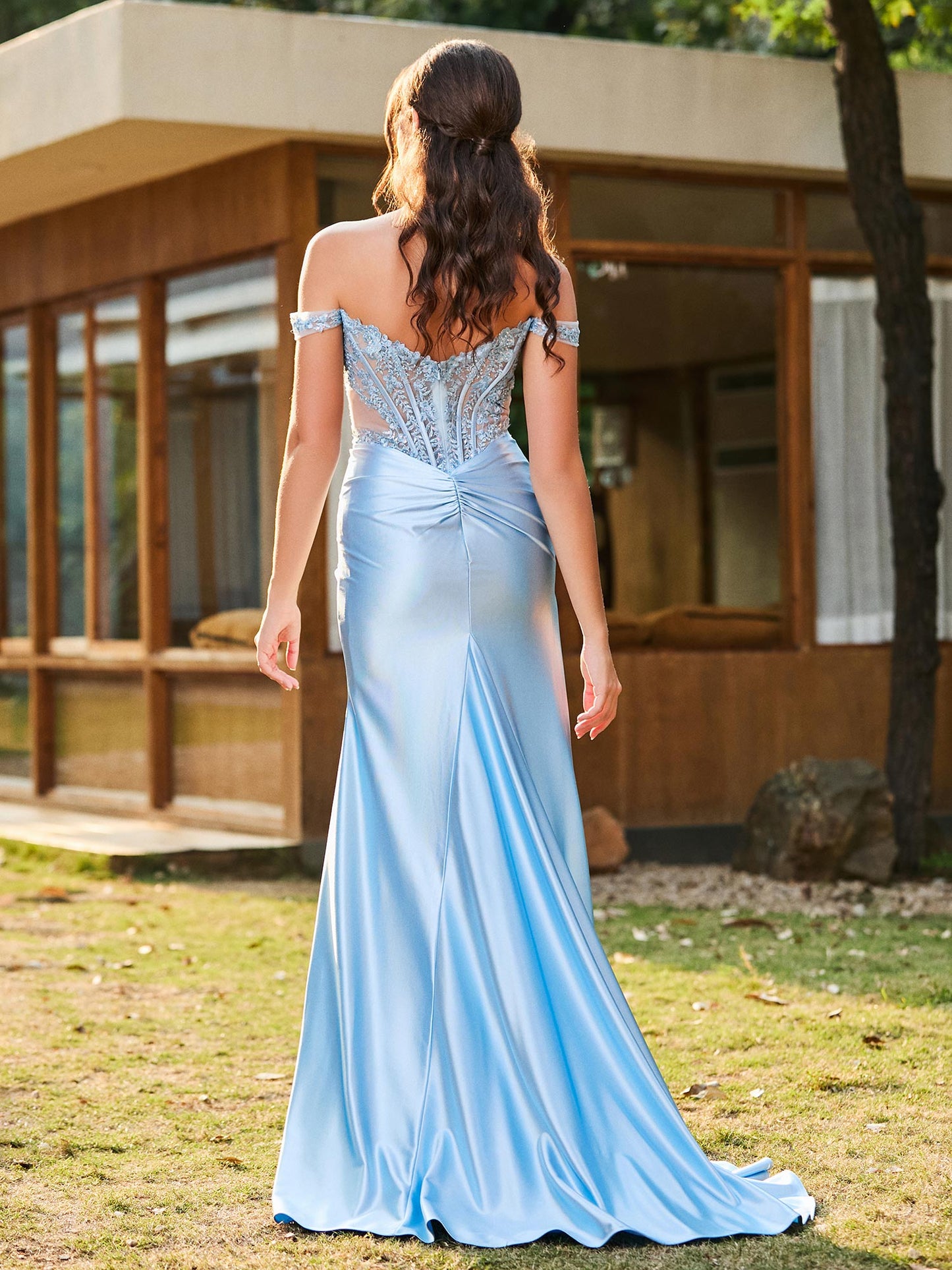 Sevoba | Trumpet/Mermaid Lace Appliqued Ruched Dress with Slit Sky Blue