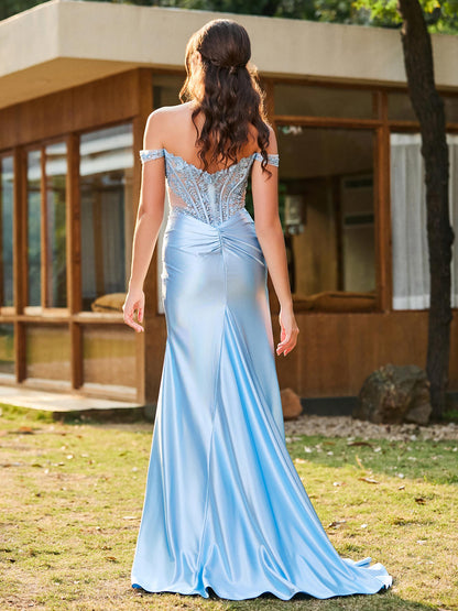 Sevoba | Trumpet/Mermaid Lace Appliqued Ruched Dress with Slit Sky Blue