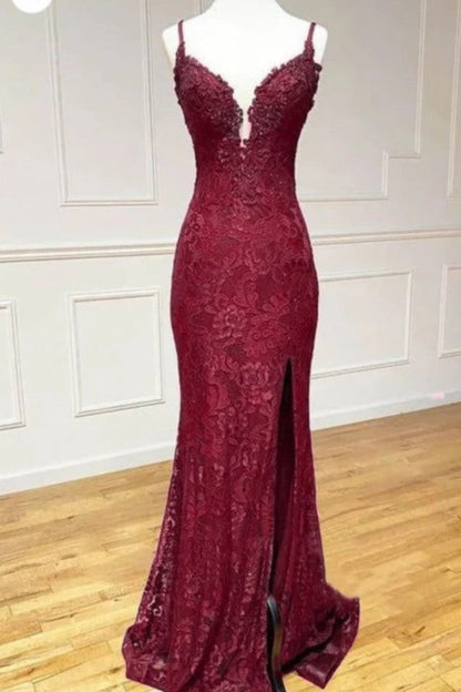 Sevoba|Lace Spaghetti Straps V-Neck Mermaid Formal Prom Dress with Slit