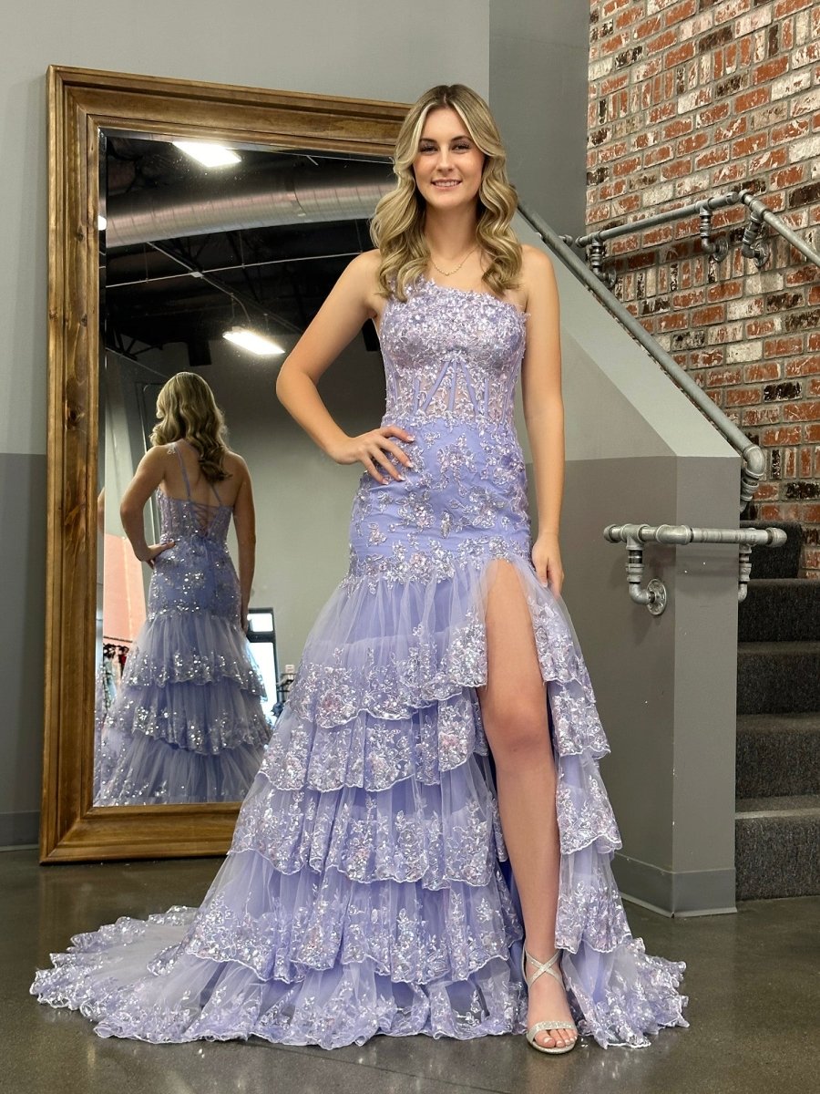 Sevoba|Sheath One Shoulder Tiered Lace Long Prom Dress