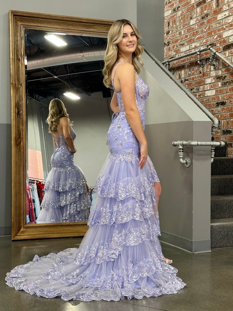 Sevoba|Sheath One Shoulder Tiered Lace Long Prom Dress