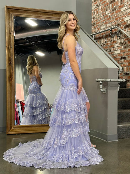 Sevoba|Sheath One Shoulder Tiered Lace Long Prom Dress