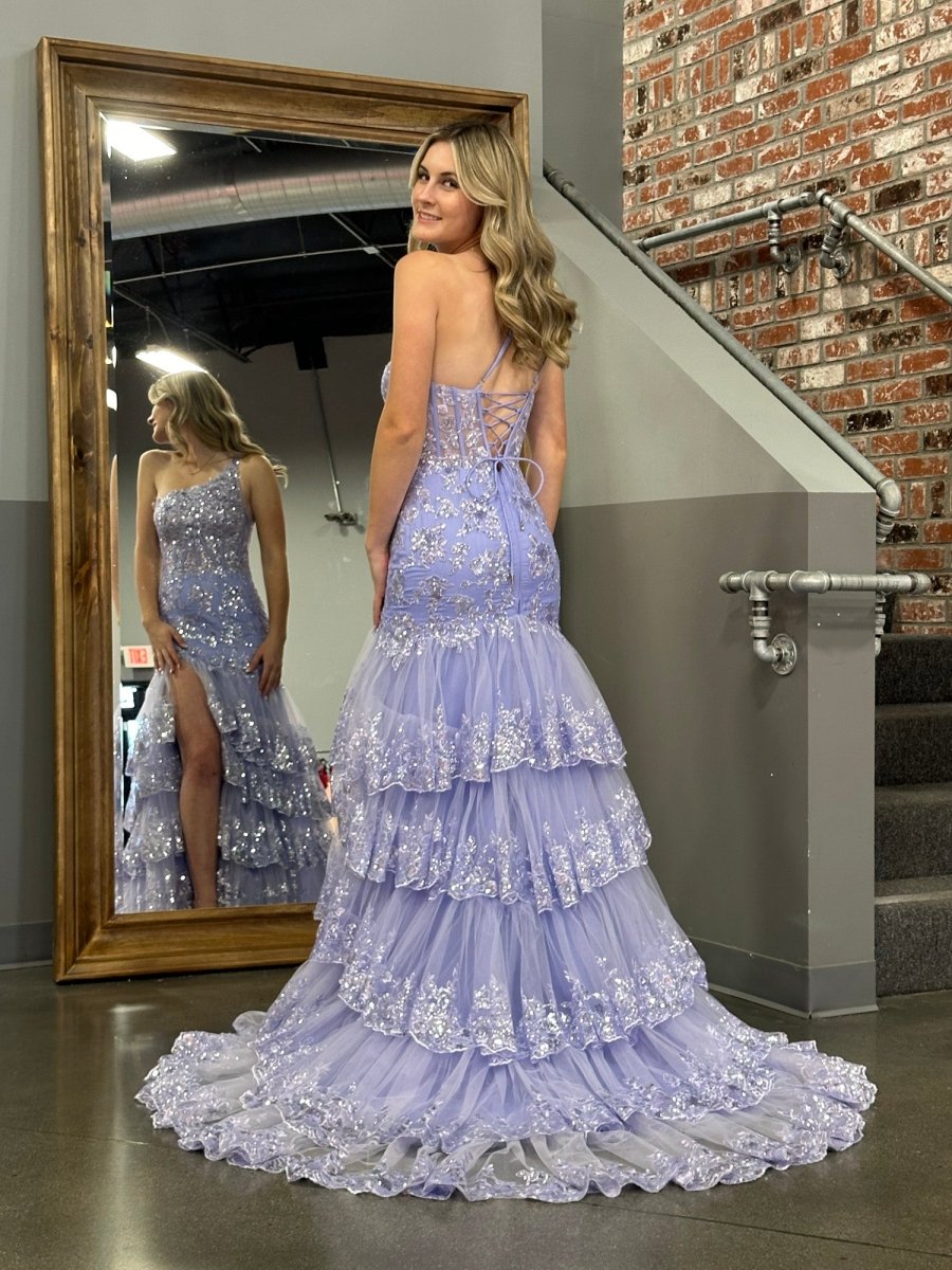 Sevoba|Sheath One Shoulder Tiered Lace Long Prom Dress