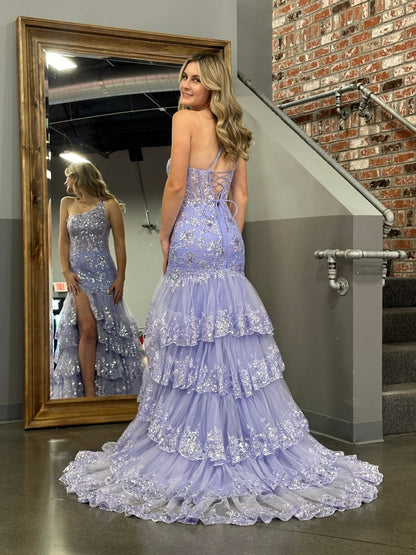 Sevoba|Sheath One Shoulder Tiered Lace Long Prom Dress