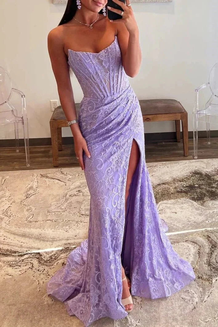 Lavender Strapless Lace Ruched Mermaid Prom Dress with Slit